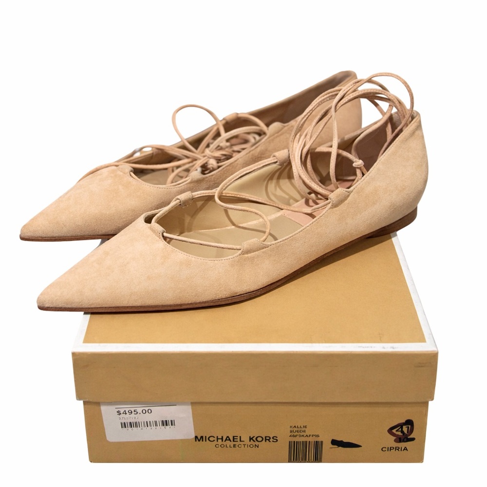 Michael Kors Women's Beige Lace-Up Ballet Pointed Toe Flats Size 41 NEW